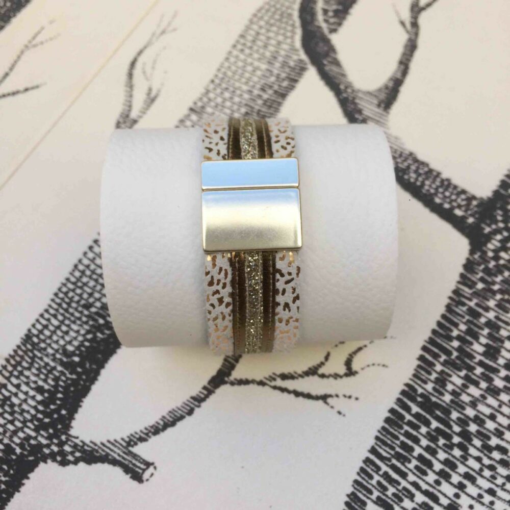 bracelet cuir léopard blanc cuivre paillette argent