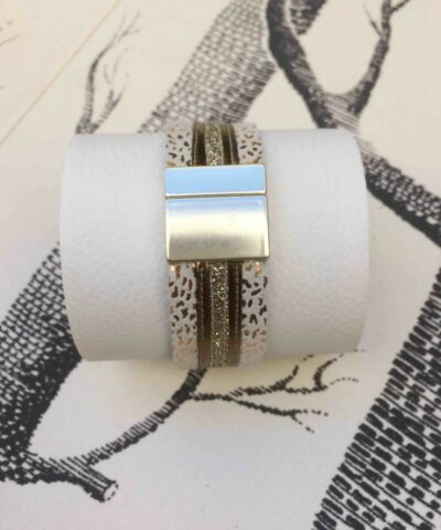 bracelet cuir léopard blanc cuivre paillette argent