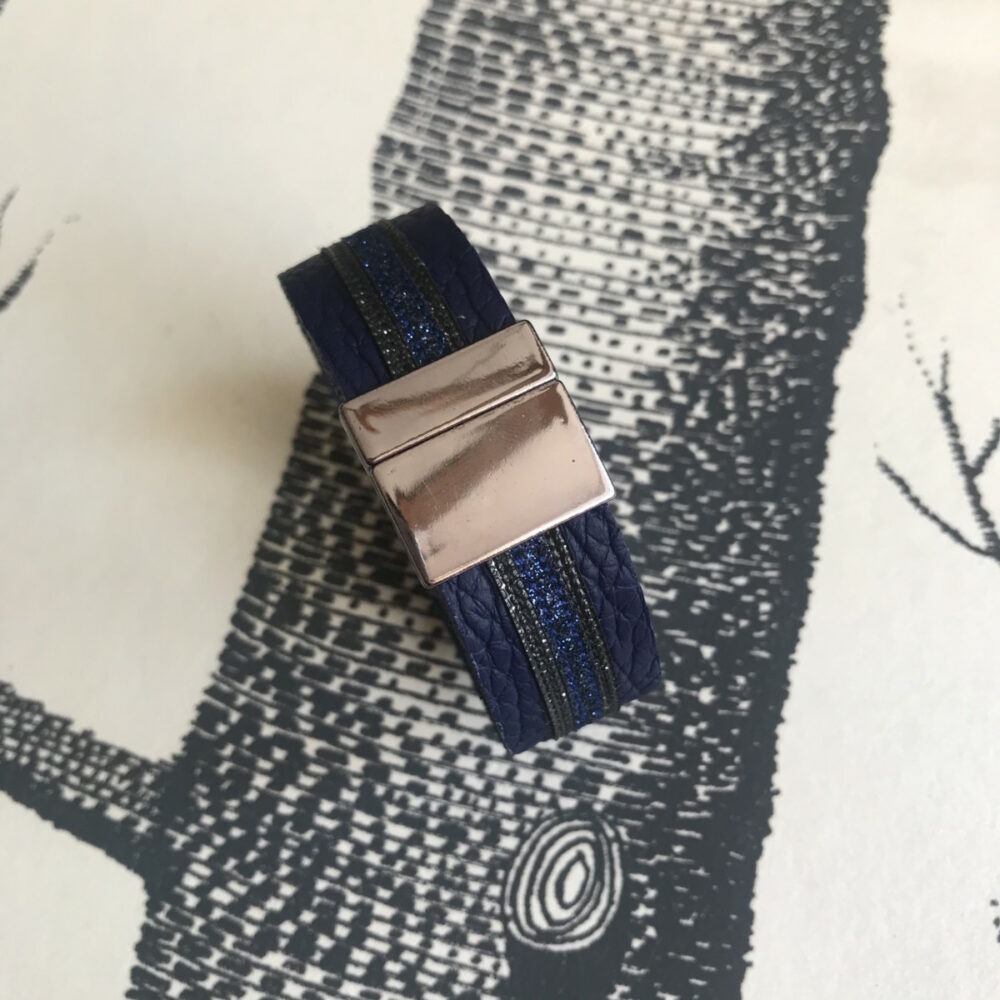 bracelet cuir grainé manchette bleu marine paillettes bleu nuit gris foncé