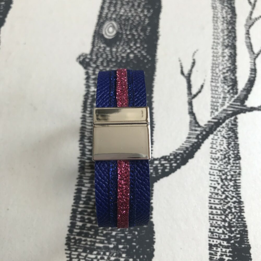 bracelet cuir grainé manchette bleu marine paillettes fushia