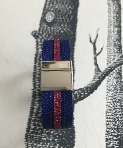 bracelet cuir grainé manchette bleu marine paillettes fushia