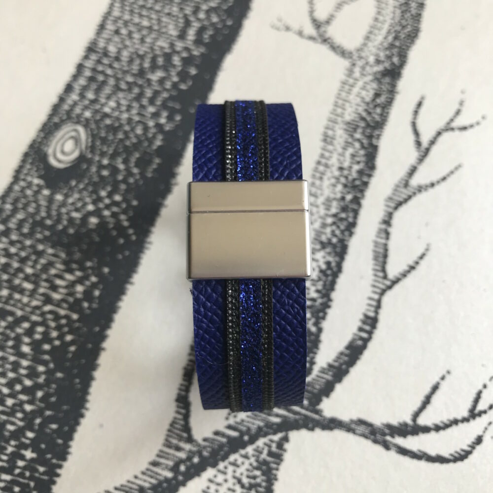 bracelet cuir grainé manchette bleu roi pailleté gris bleu