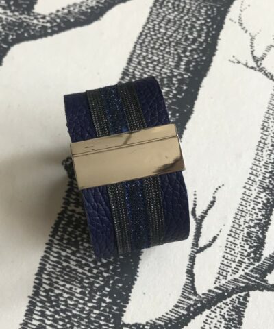 bracelet cuir grainé manchette large bleu marine paillettes bleu nuit grises