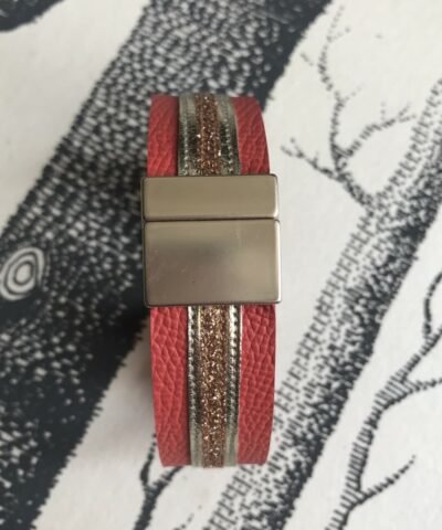 bracelet cuir manchette corail paillettes or