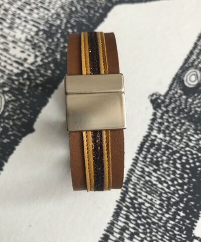 bracelet cuir manchette havane jaune paillettes chocolat