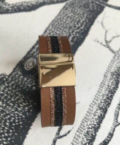 bracelet cuir manchette havane paillettes noires cuivre