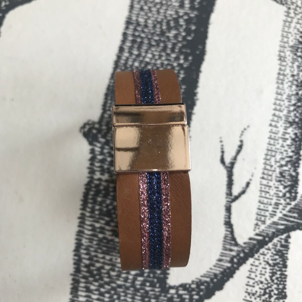 bracelet cuir manchette havane paillettes rose nacré bleu marine