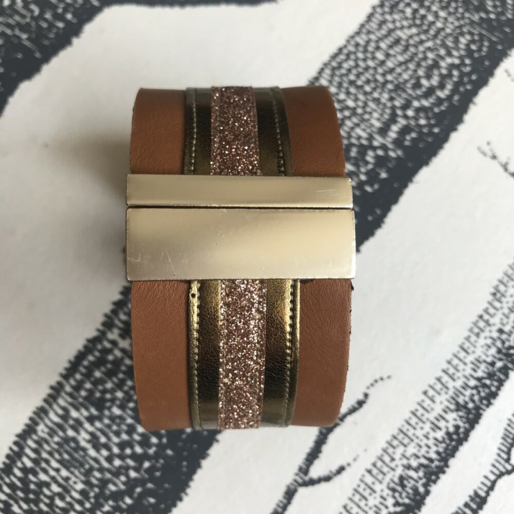 bracelet cuir manchette large havane cuivre paillettes cuivre