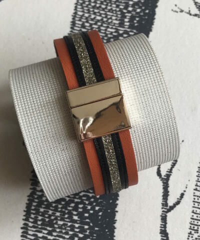 bracelet cuir manchette orange bleu marine paillettes or