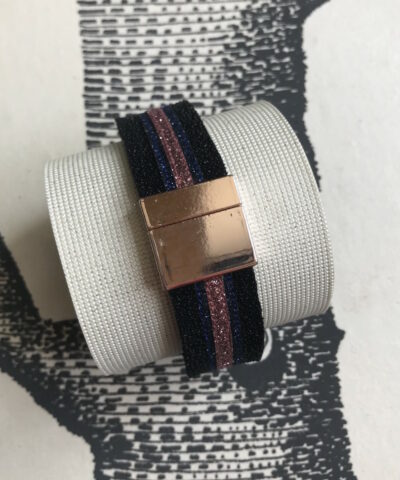 bracelet cuir manchette paillettes noires bleu marine rose
