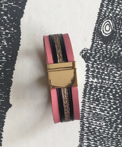 bracelet cuir manchette rose noir paillettes or