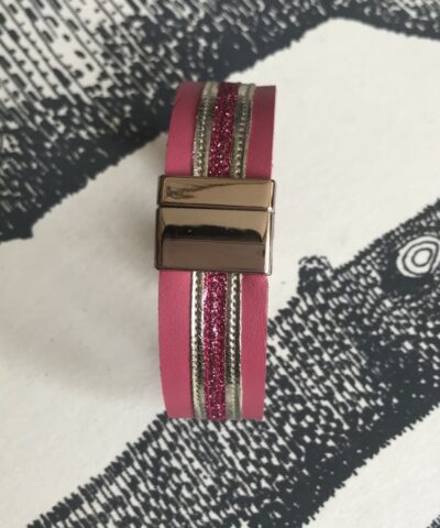 bracelet cuir manchette rose or paillettes fushia