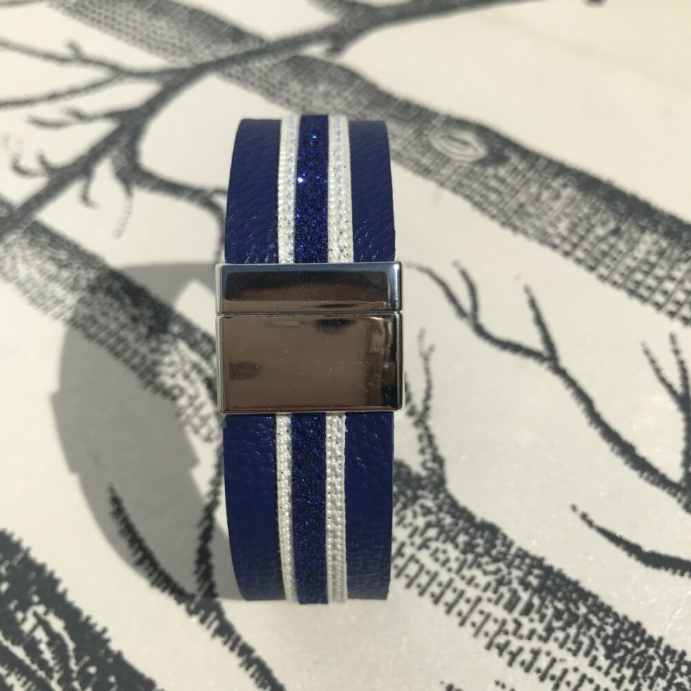 bracelet cuir grainé bleu fermoir aimant