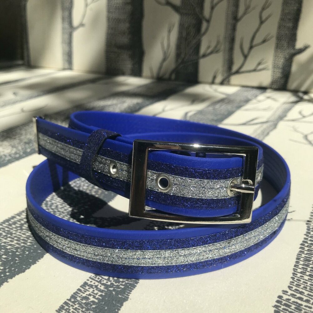 ceinture biothane bleu a paillettes bleu roi argent clair