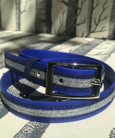ceinture biothane bleu a paillettes bleu roi argent clair