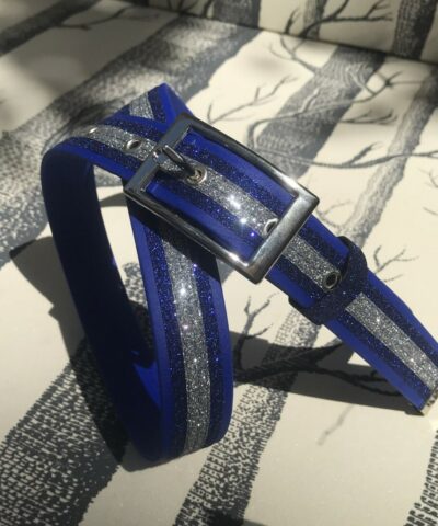 ceinture biothane bleu a paillettes bleu roi argent clair