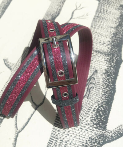 ceinture biothane bordeaux a paillettes grises framboise