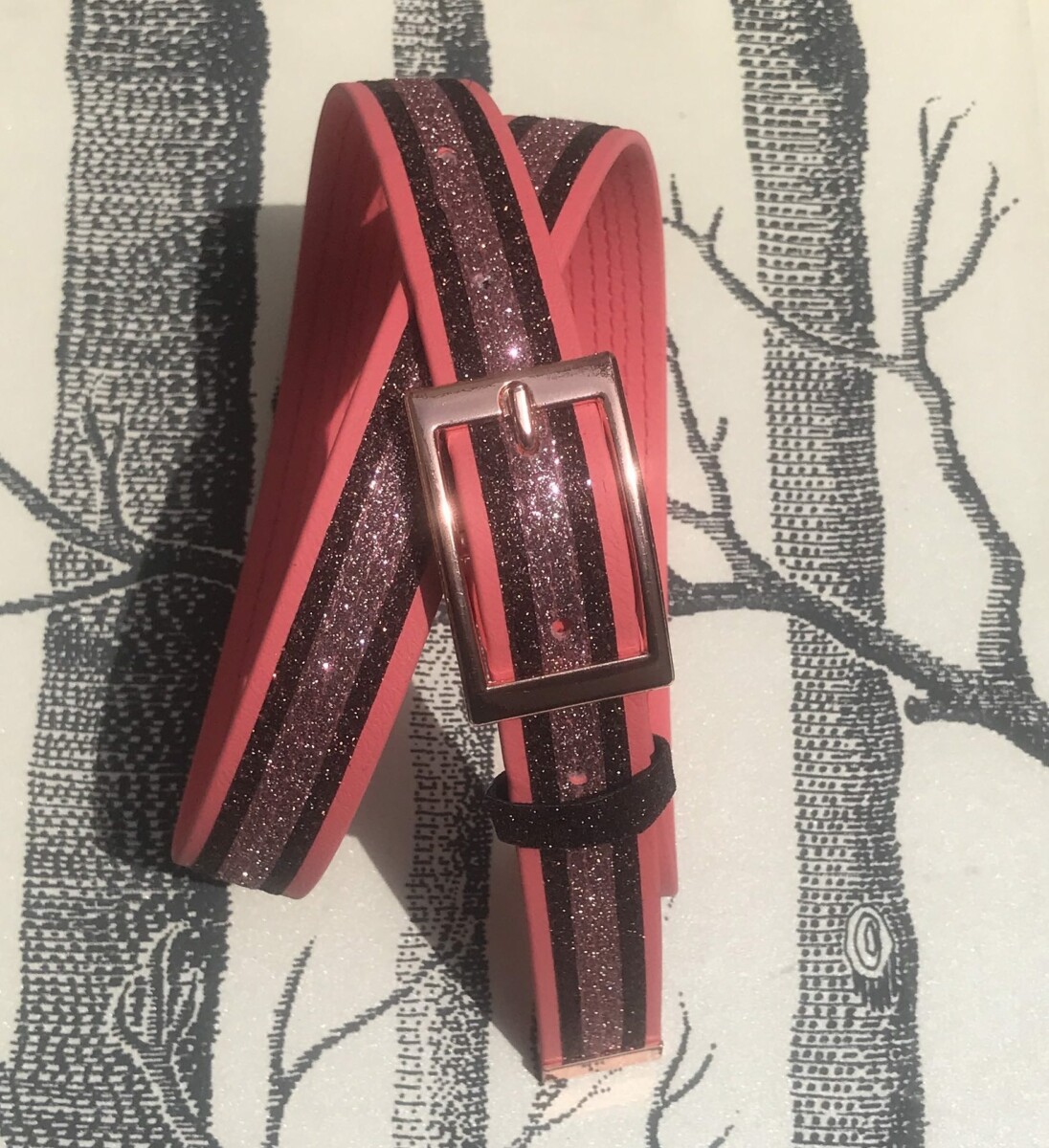 ceinture biothane corail a paillettes chocolat rose nacré s