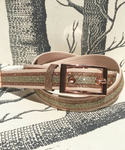 ceinture biothane rose poudré a paillettes cuivre champagne roulée
