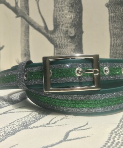 ceinture biothane vert a paillettes grises vertes