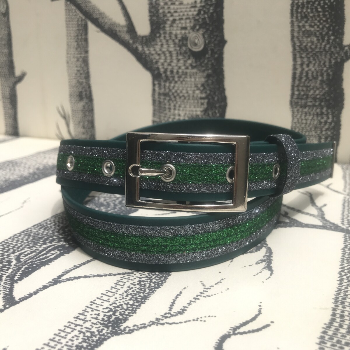 ceinture biothane vert a paillettes grises vertes