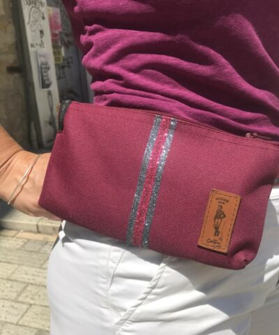 pochette de ceinture pour téléphone équitation framboise paillettes framboises argentées